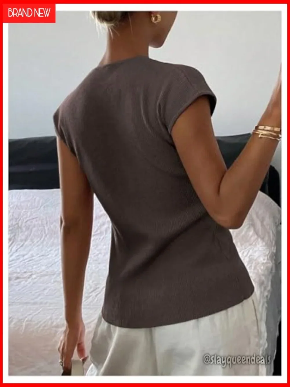 Button Down V Neck Cap Sleeve Ribbed Knit Tops - Picture 2 of 5